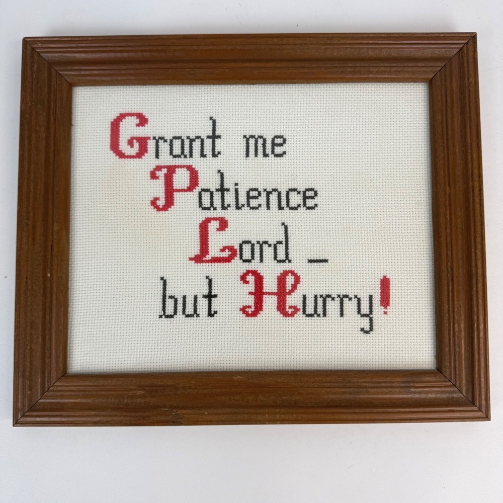 Grant Me Patience Lord But Hurry Cross Stitch Finished Framed Humerous